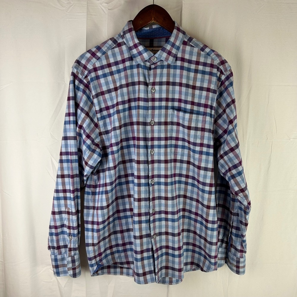 Tommy Bahama Button Down Shirt Mens Medium Blue Purple Plaid Long Sleeve Stretch